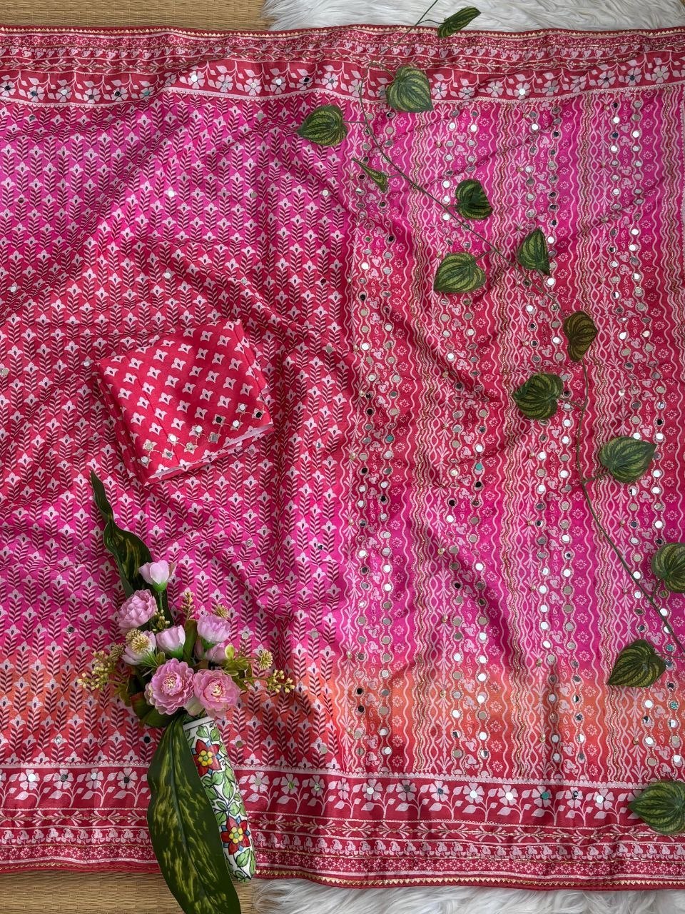 Soft Chinon Silk Designer Saree Mirror work and Hand Aari Work