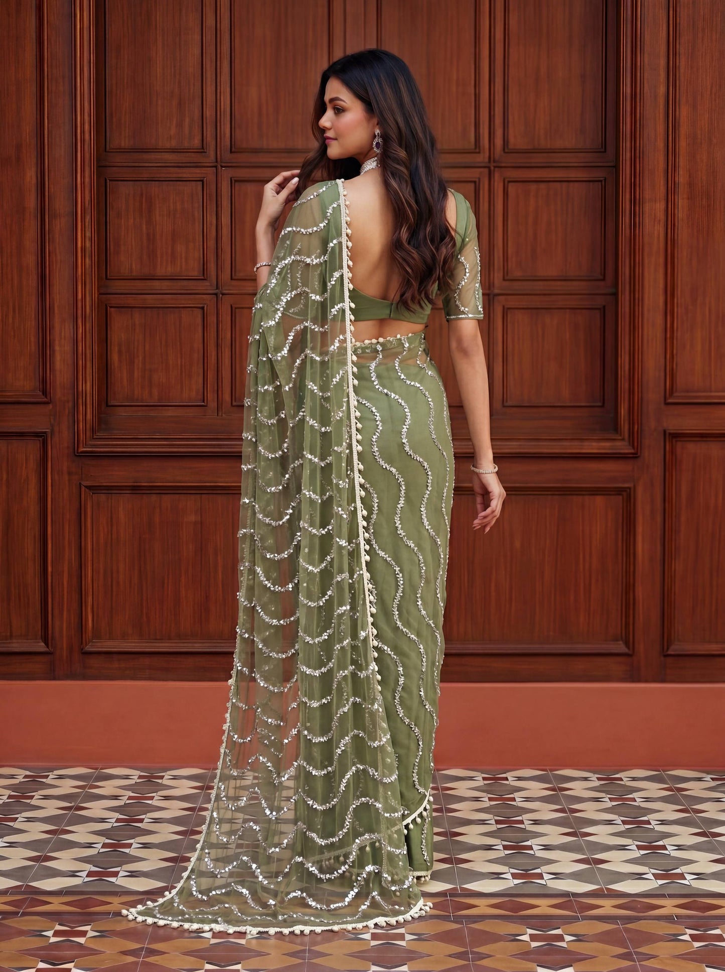 Designer Net Embroidered Saree with Beads Sequins & Pearl Work