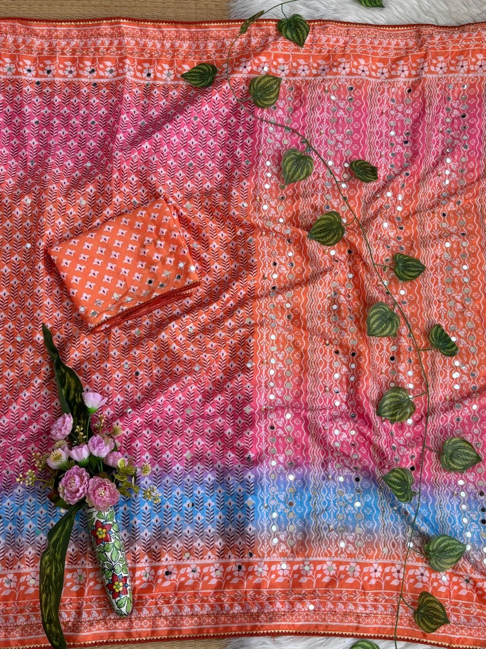 Soft Chinon Silk Designer Saree Mirror work and Hand Aari Work