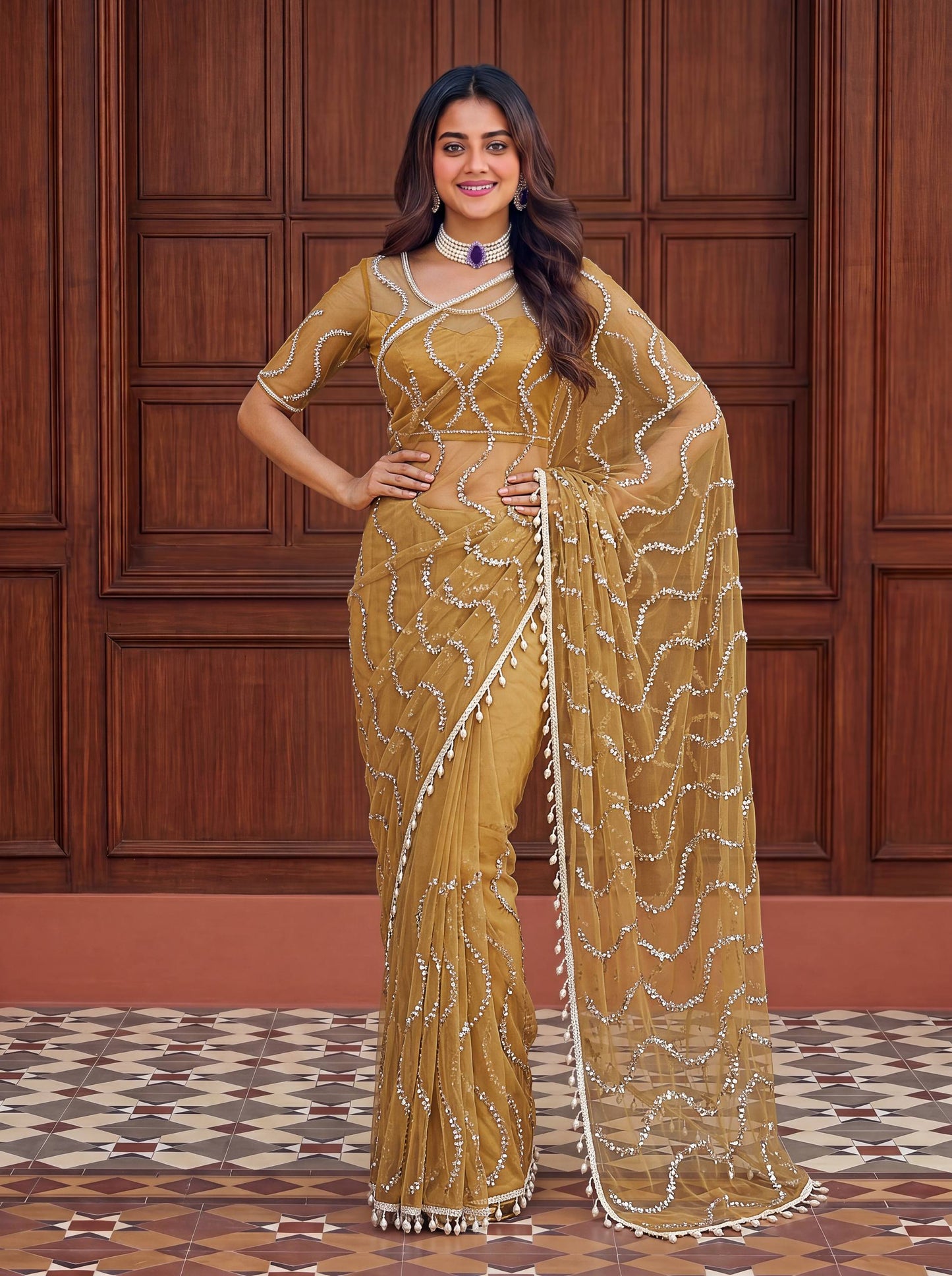 Designer Net Embroidered Saree with Beads Sequins & Pearl Work