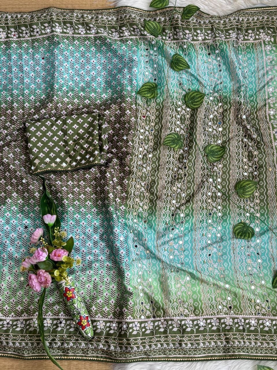 Soft Chinon Silk Designer Saree Mirror work and Hand Aari Work