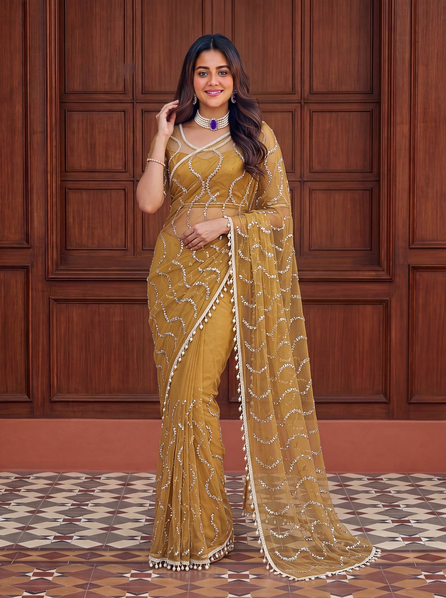Designer Net Embroidered Saree with Beads Sequins & Pearl Work