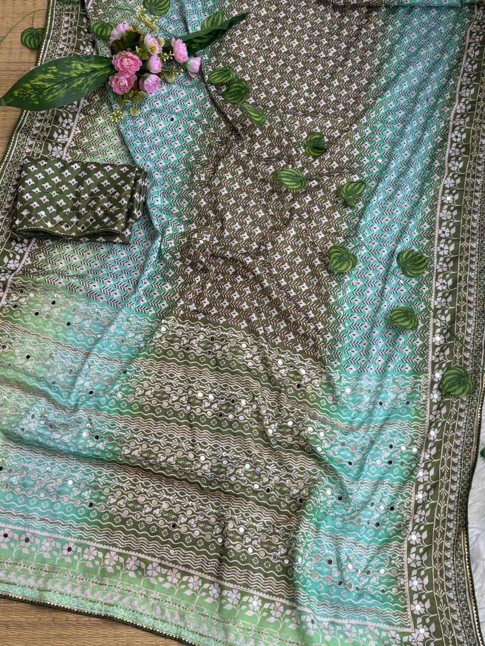 Soft Chinon Silk Designer Saree Mirror work and Hand Aari Work