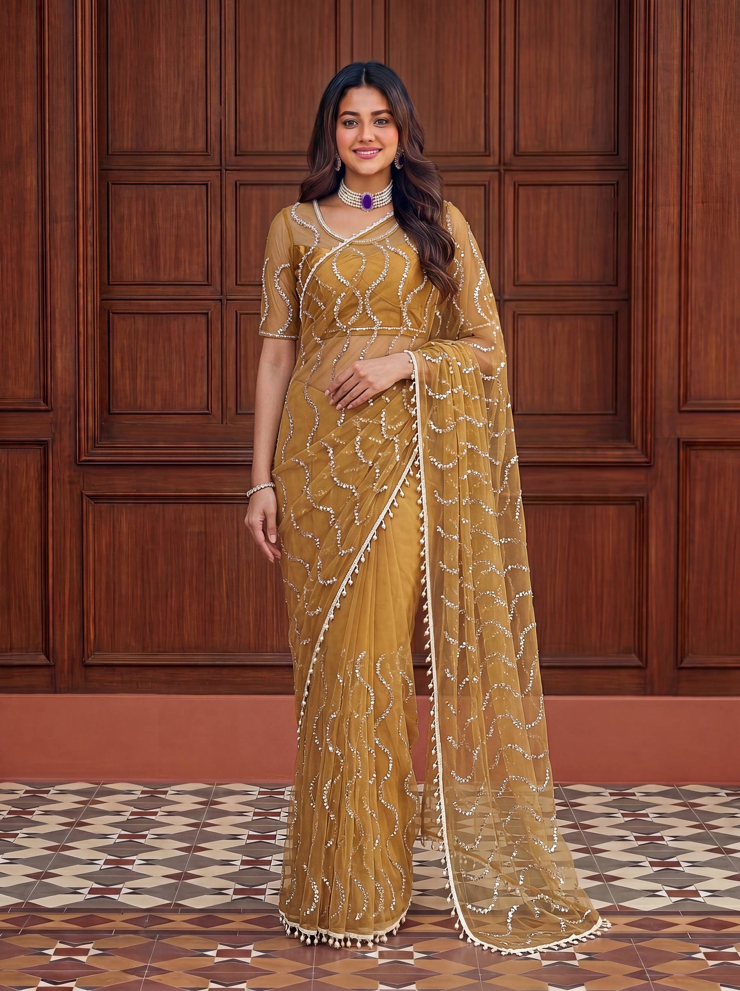 Designer Net Embroidered Saree with Beads Sequins & Pearl Work