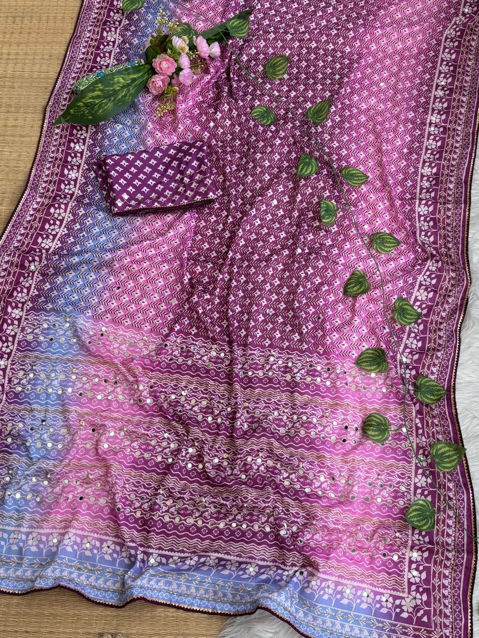Soft Chinon Silk Designer Saree Mirror work and Hand Aari Work