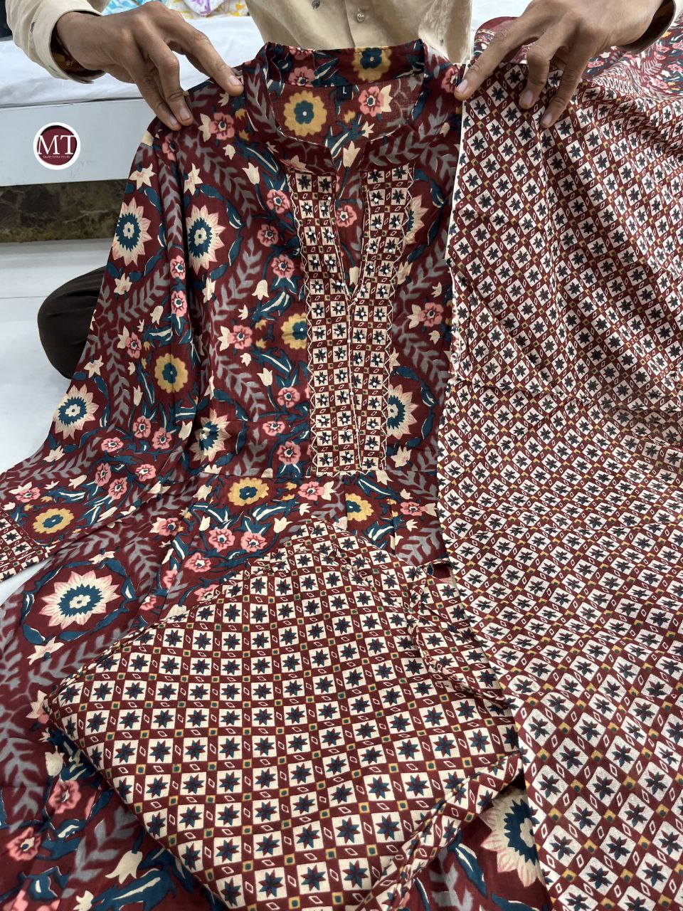 Maroon Color Cotton Printed Hand Work Salwar Suit