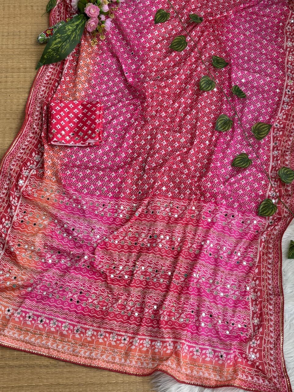 Soft Chinon Silk Designer Saree Mirror work and Hand Aari Work