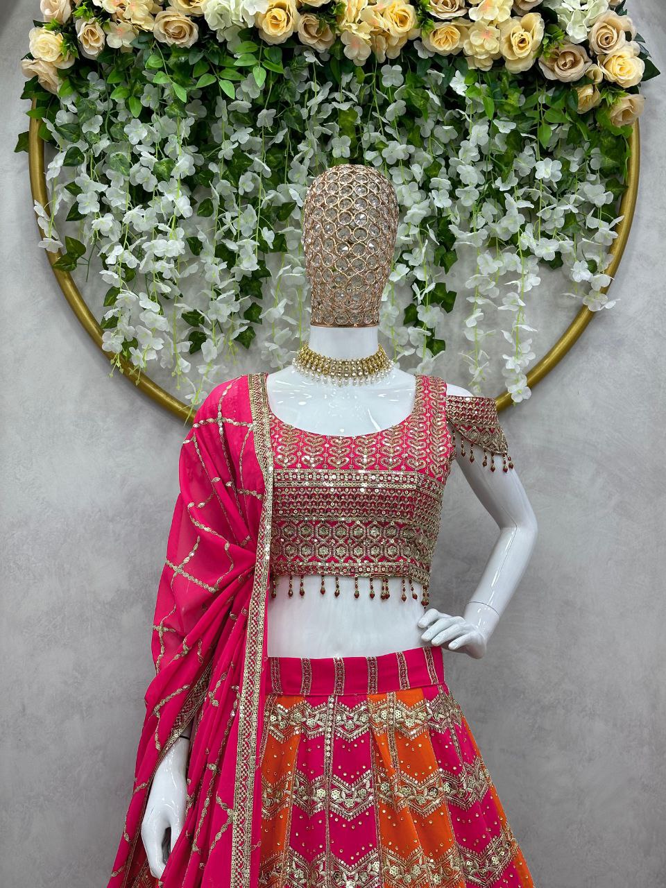 Multi Color Faux Georgette Designer Wedding Wear Lehenga Set
