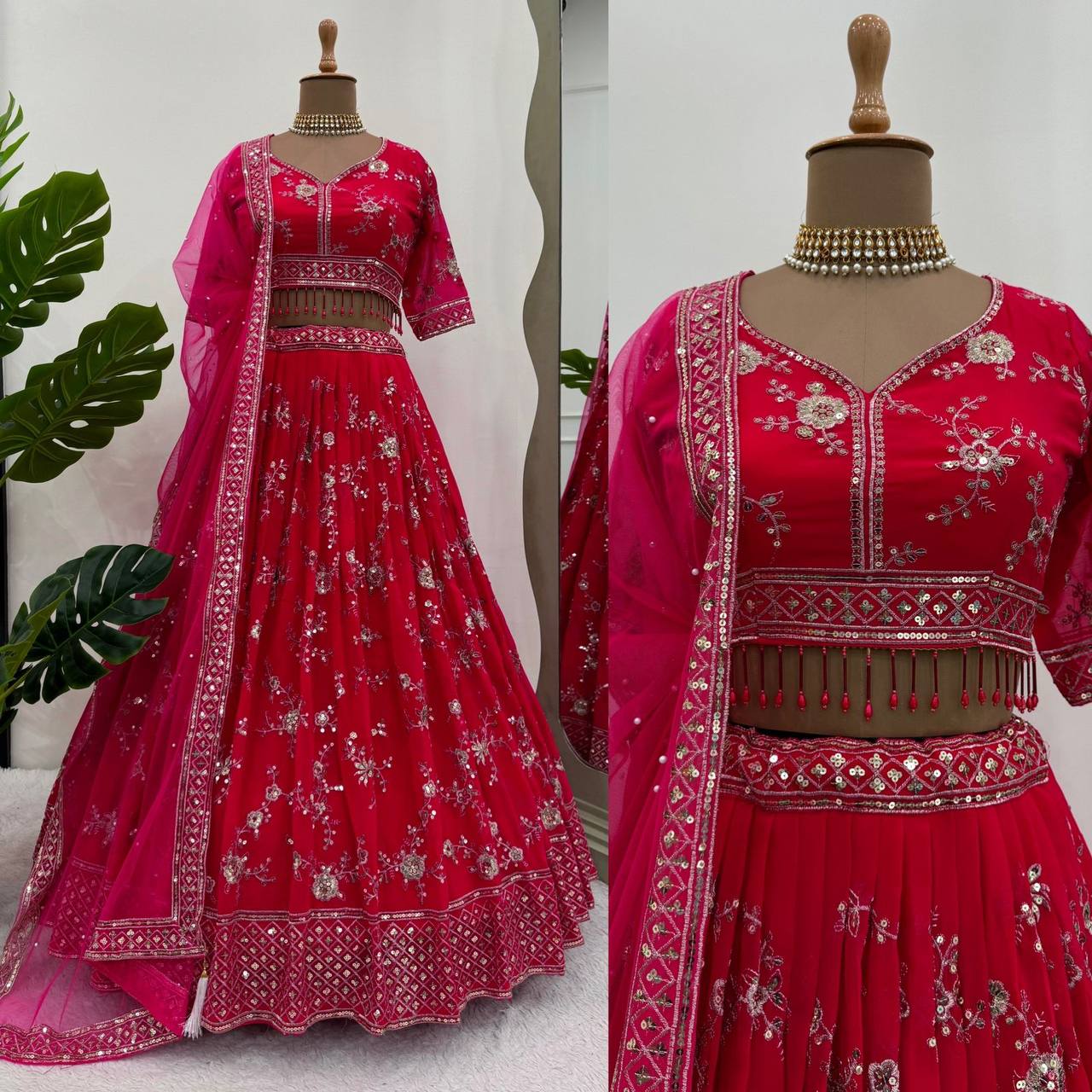 Wedding Wear Red Color Georgette Thread Sequence Work Lehenga Choli