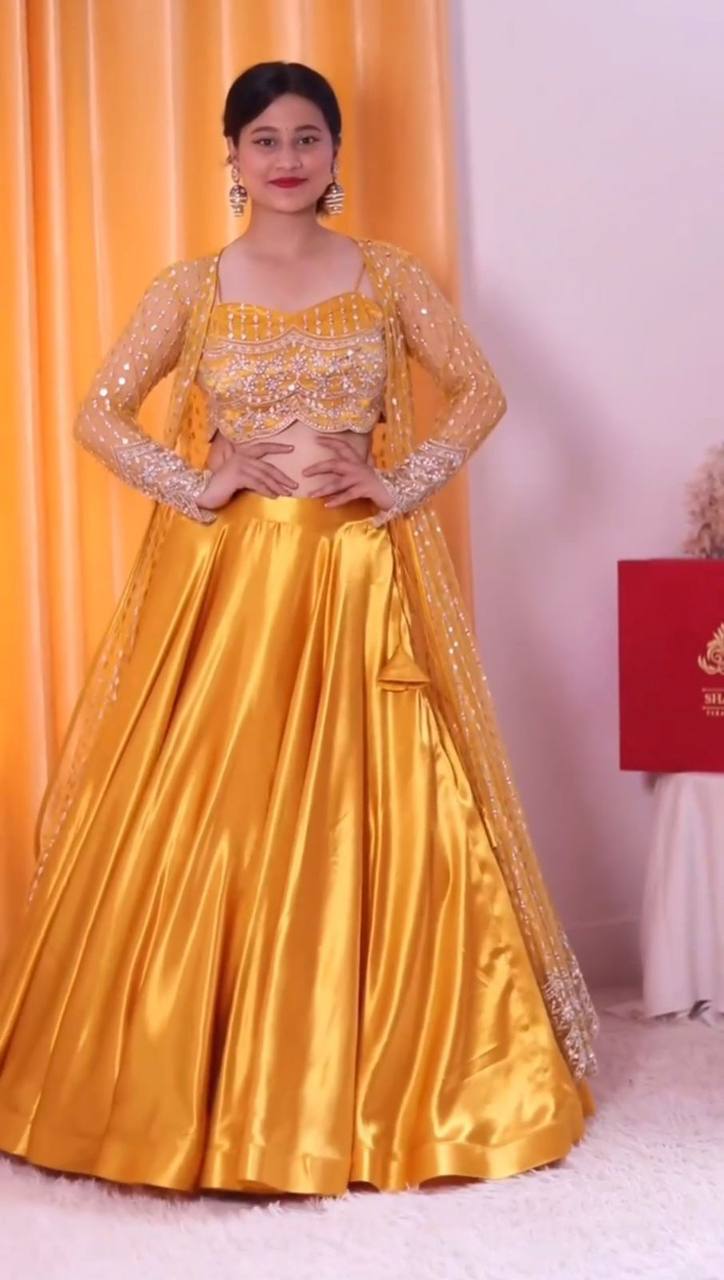 Amazing Yellow Color Sequence Work Japan Satin Lehenga Choli With Koti