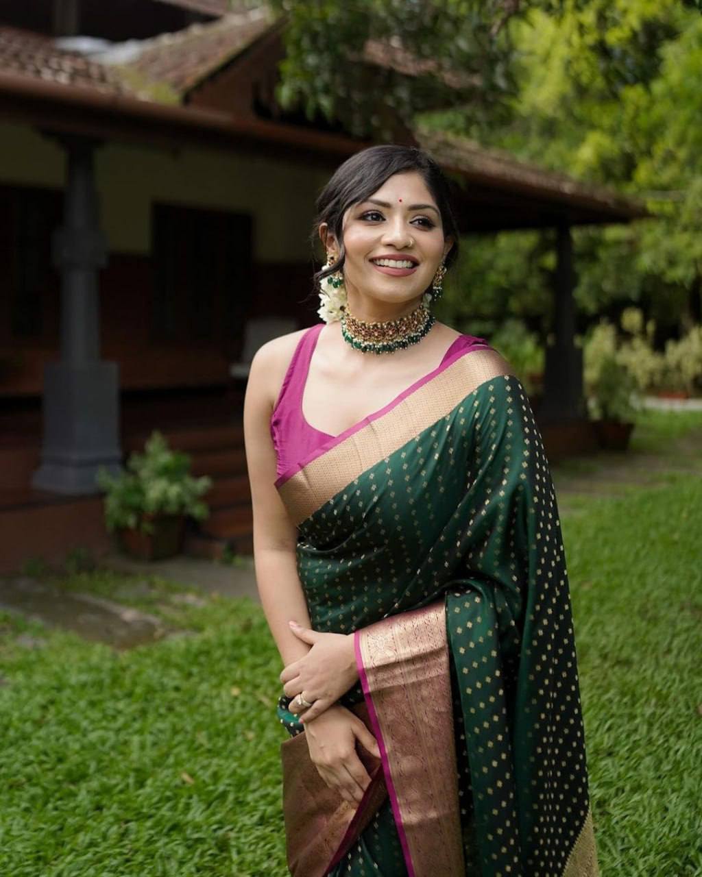 Green Color Lichi Silk Jacquard Saree