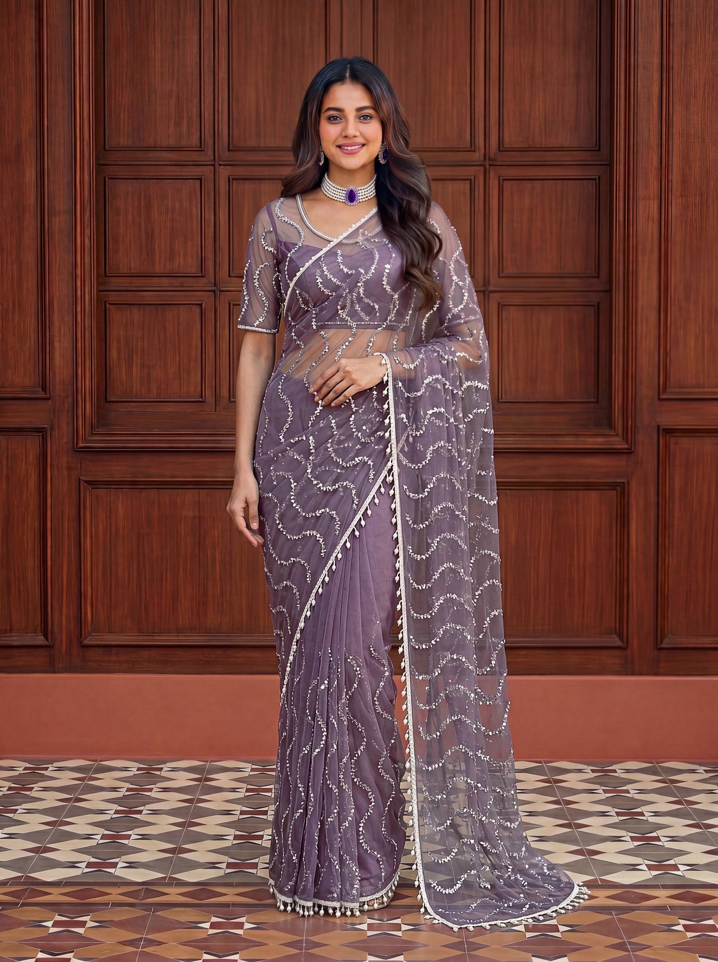 Designer Net Embroidered Saree with Beads Sequins & Pearl Work