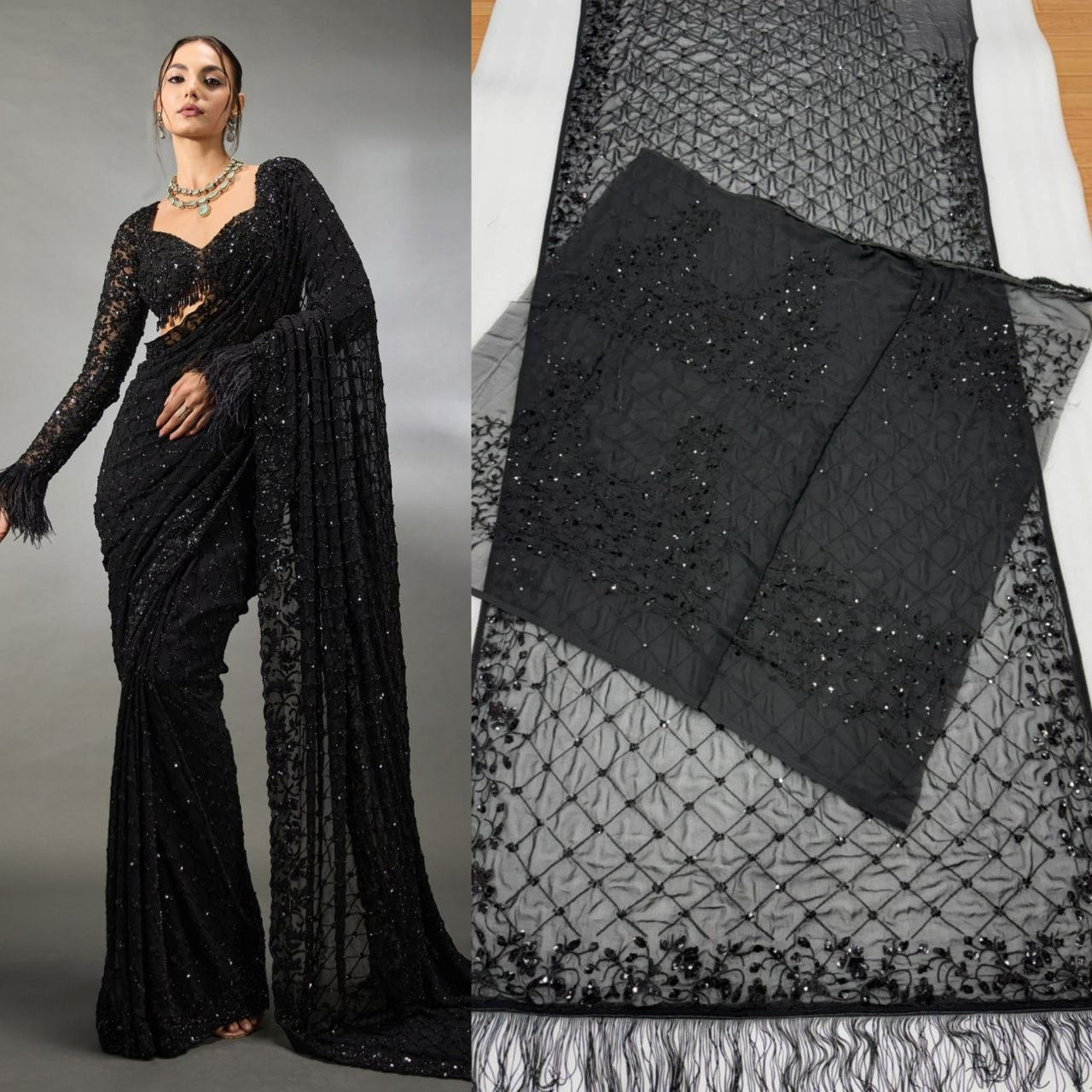 Heavy Georgette 5mm Sequins & Multi Embroidery Designer Saree with Zalar Border
