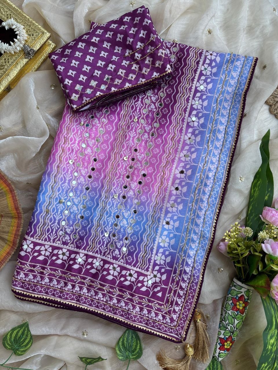 Soft Chinon Silk Designer Saree Mirror work and Hand Aari Work