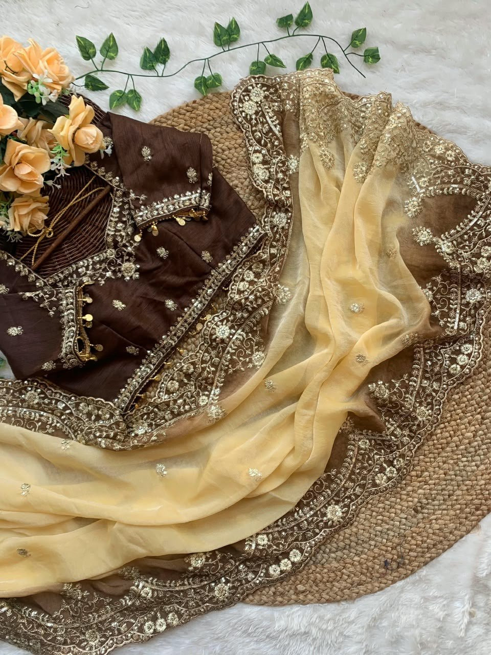 Rich Embroidery Moss Padding Silk Saree with Stitched Blouse