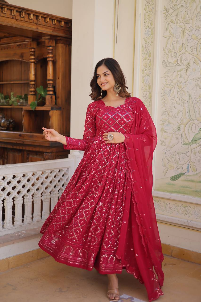 Beautiful Georgette Sequence Embroidery Work Gown With Dupatta