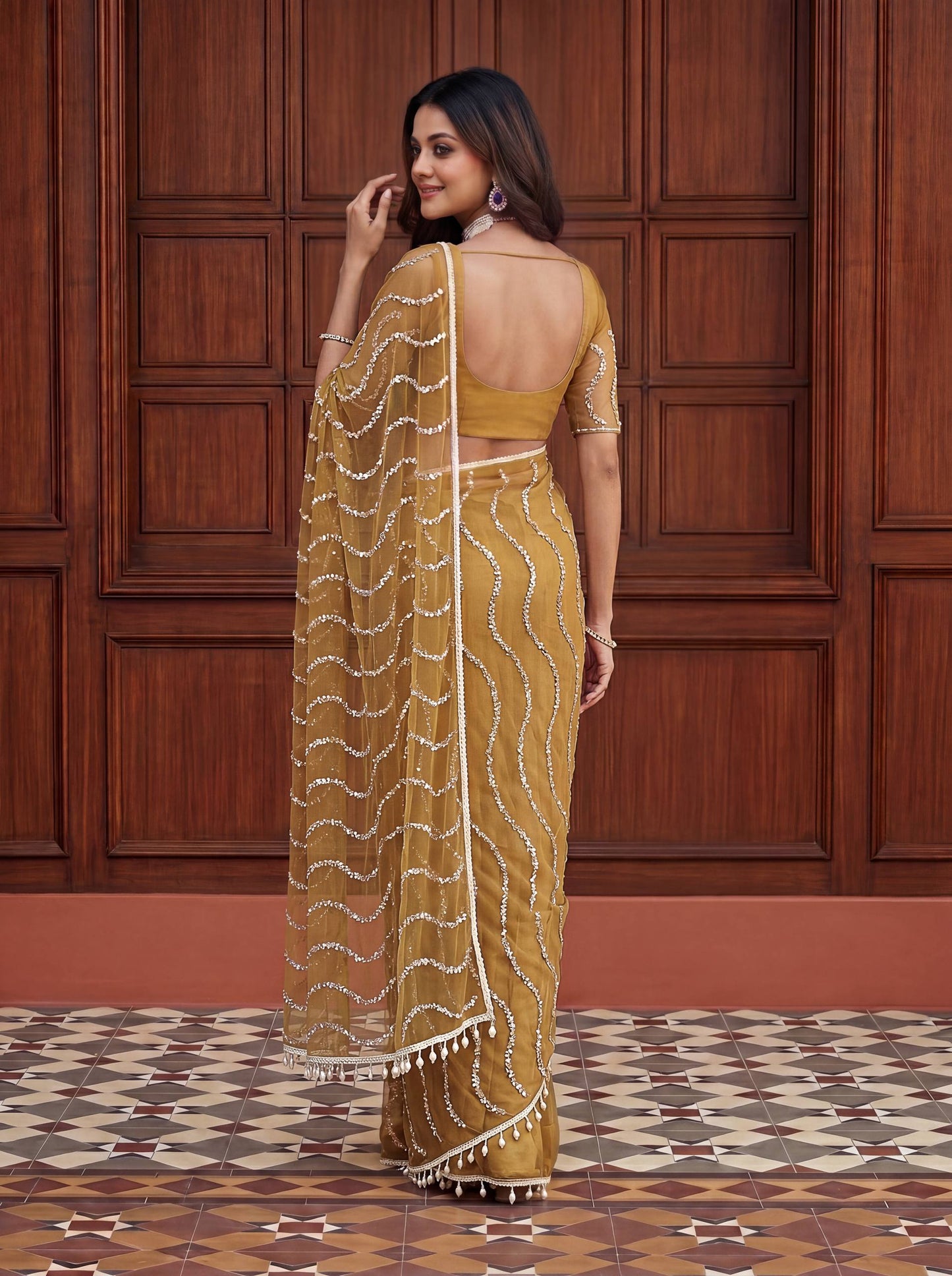 Designer Net Embroidered Saree with Beads Sequins & Pearl Work
