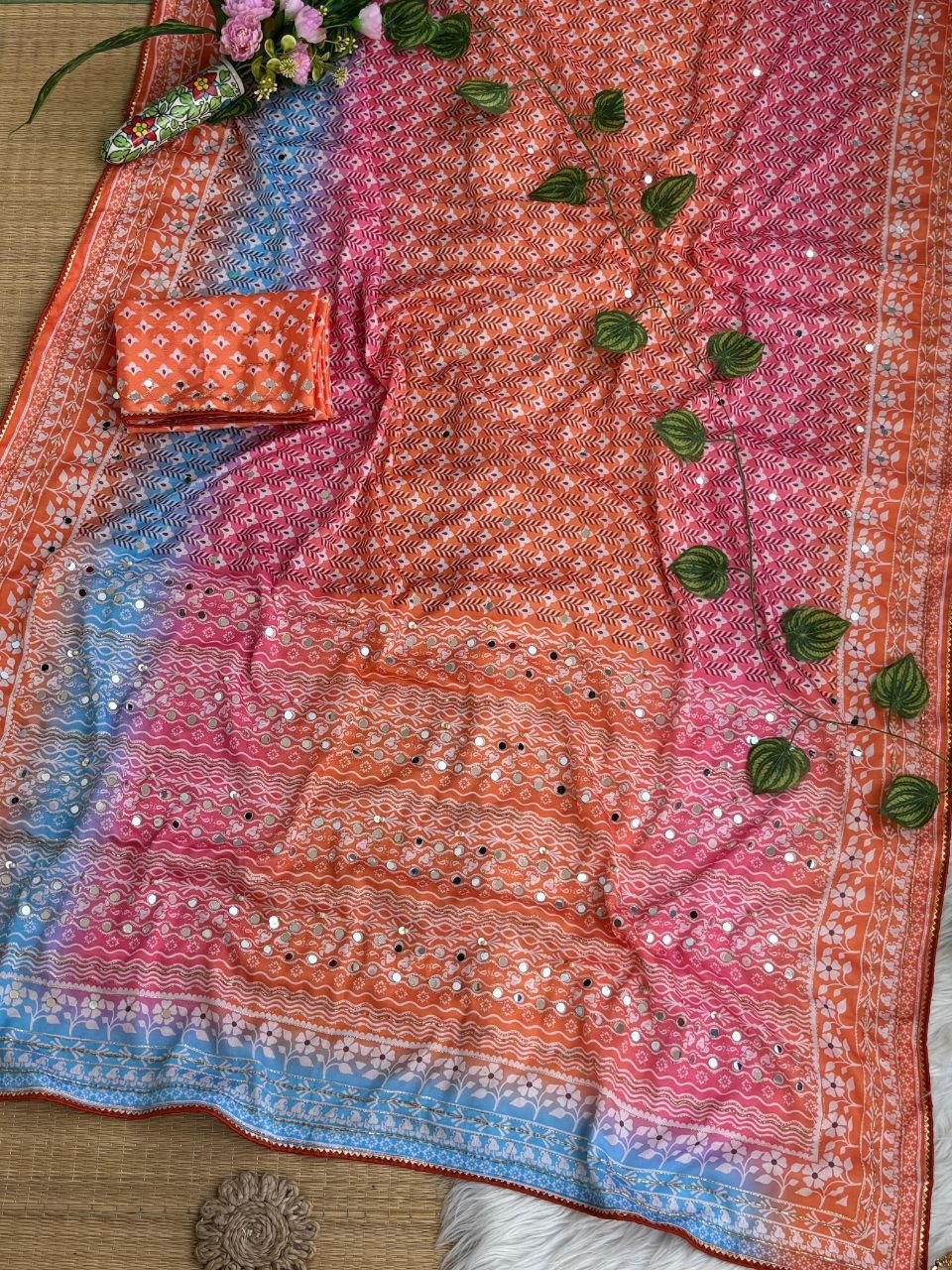 Soft Chinon Silk Designer Saree Mirror work and Hand Aari Work