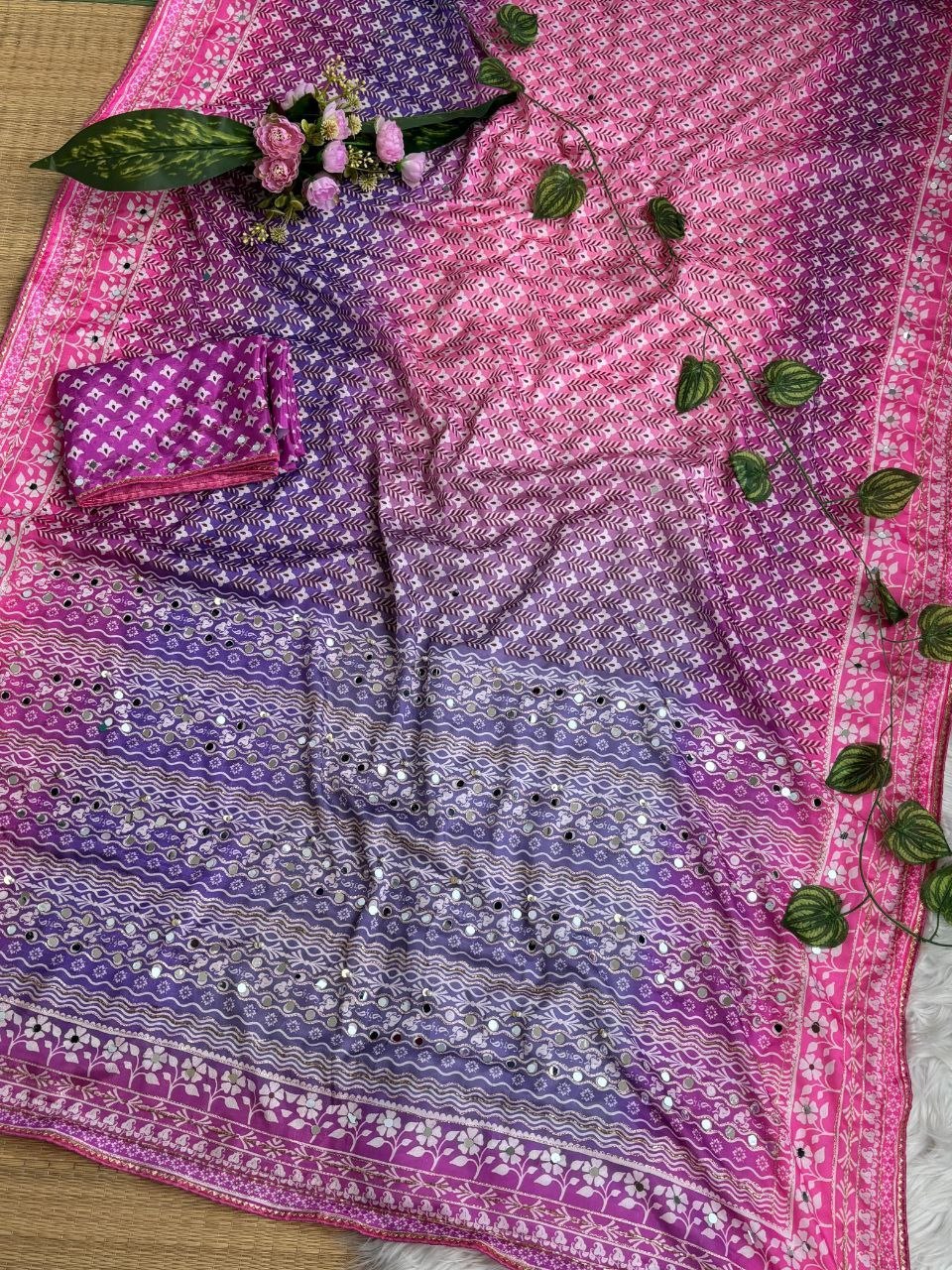 Soft Chinon Silk Designer Saree Mirror work and Hand Aari Work