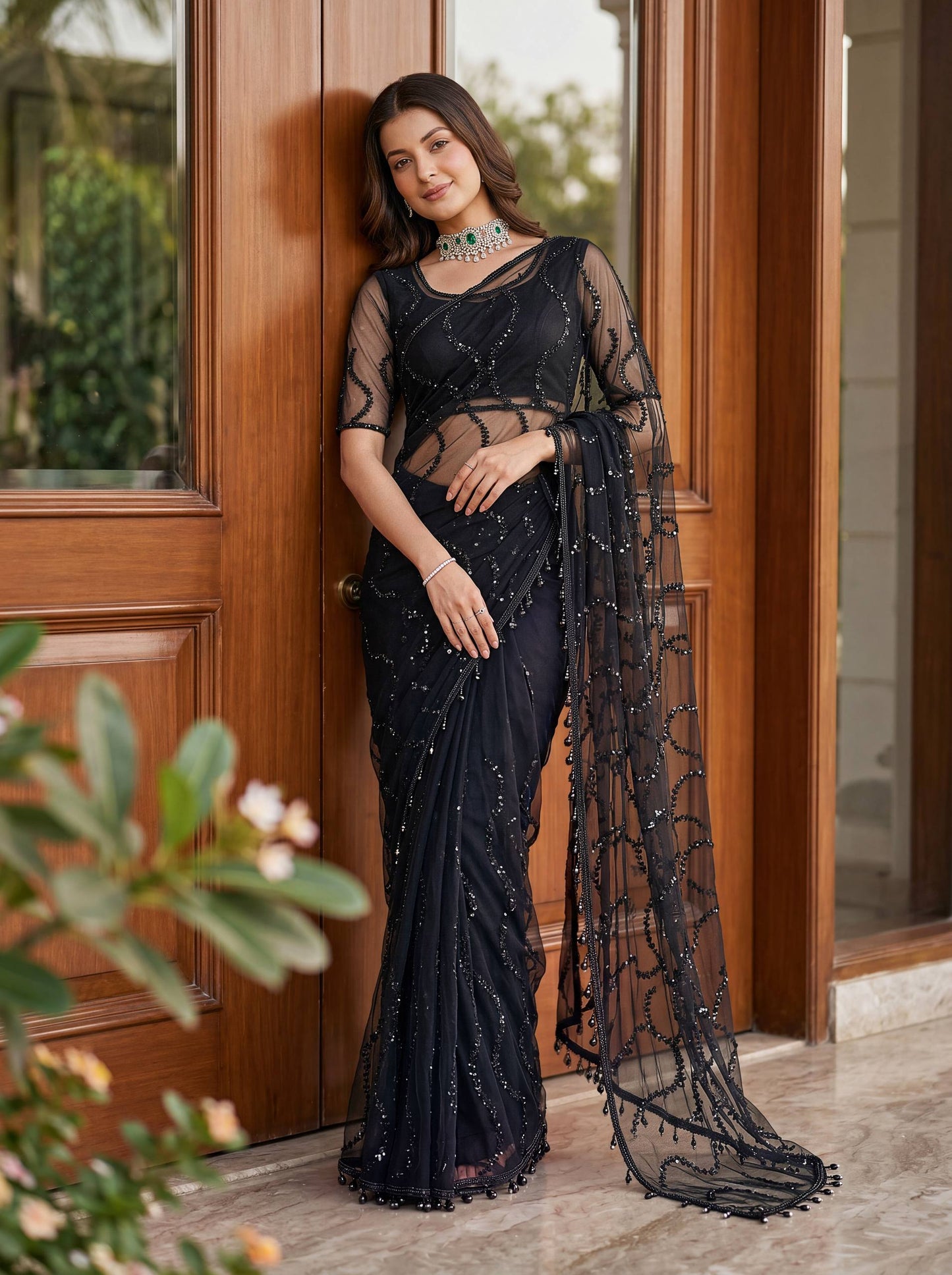 Designer Net Embroidered Saree with Beads Sequins & Pearl Work