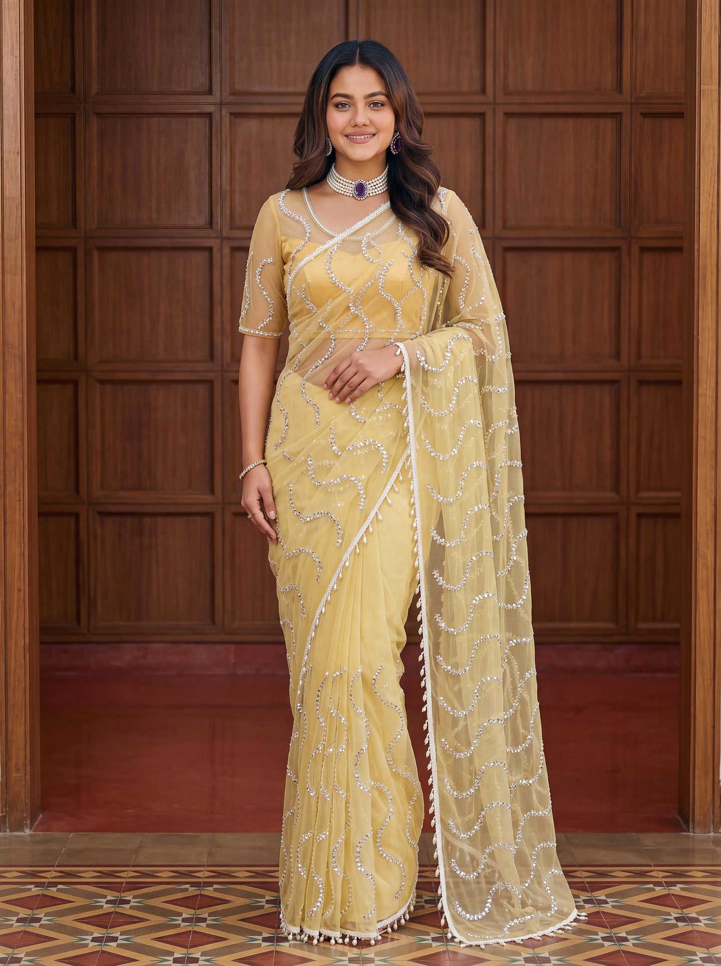 Designer Net Embroidered Saree with Beads Sequins & Pearl Work