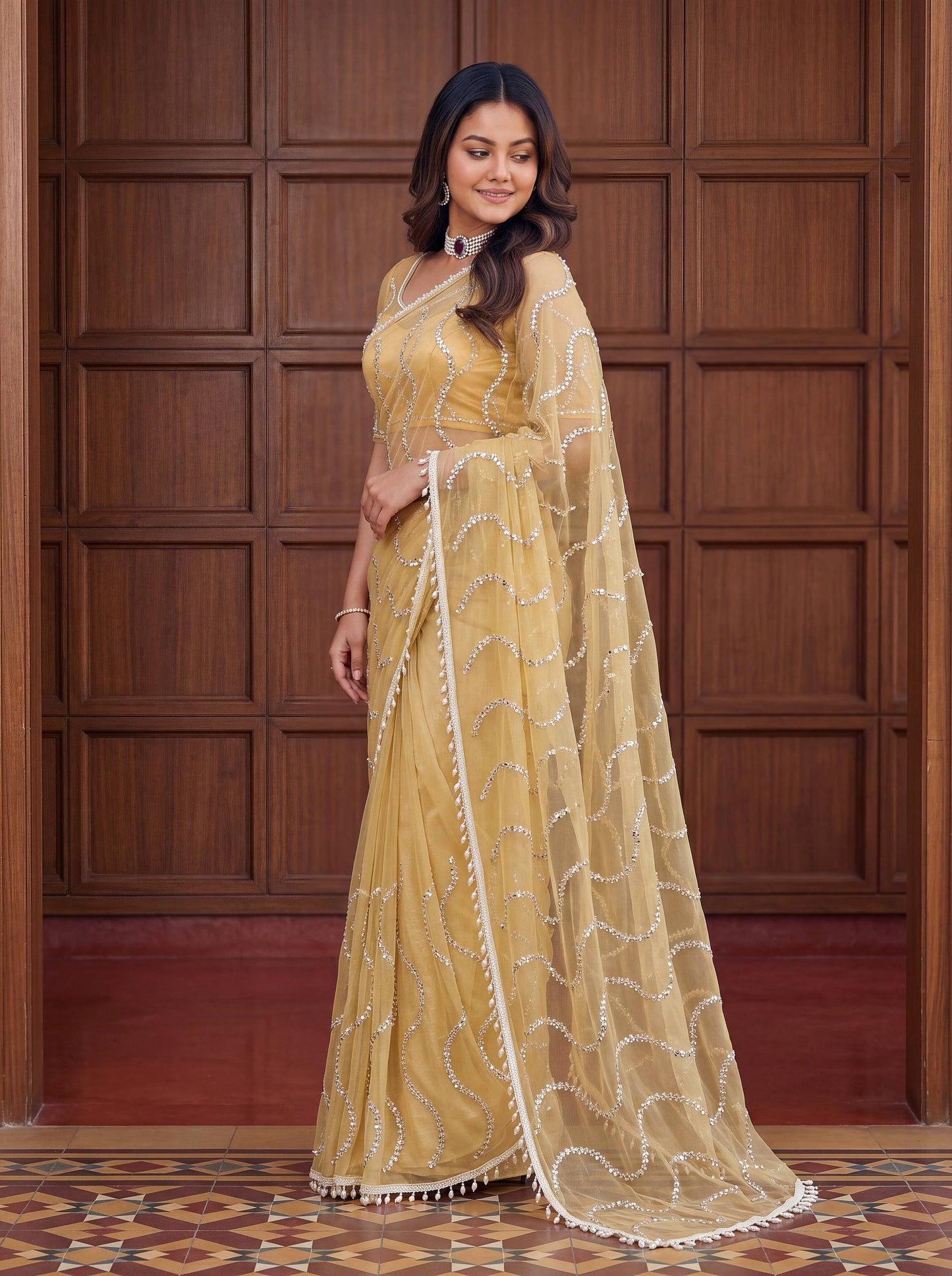 Designer Net Embroidered Saree with Beads Sequins & Pearl Work