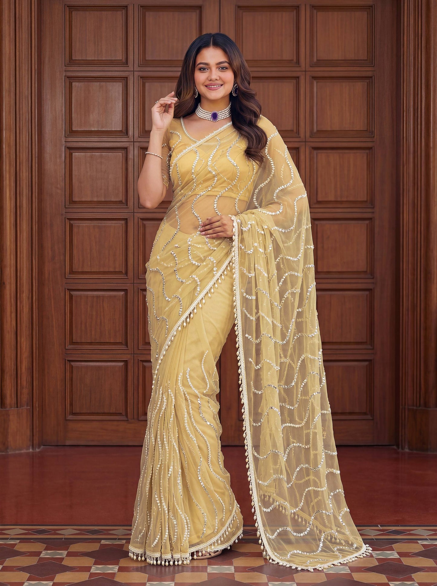 Designer Net Embroidered Saree with Beads Sequins & Pearl Work