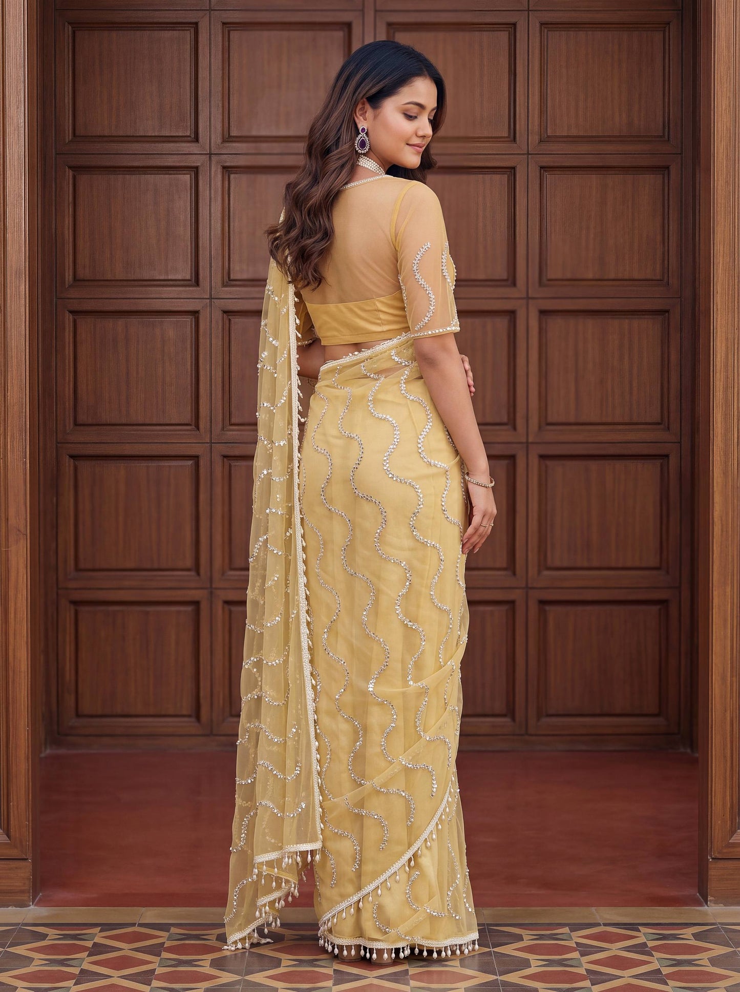 Designer Net Embroidered Saree with Beads Sequins & Pearl Work