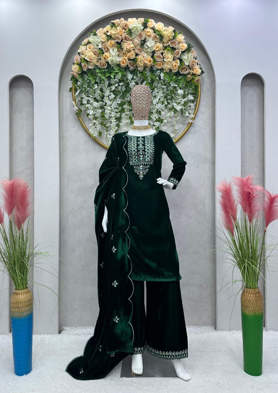 Beautiful Green Color Heavy Velvet Thread Sequence Work Salwar Suit