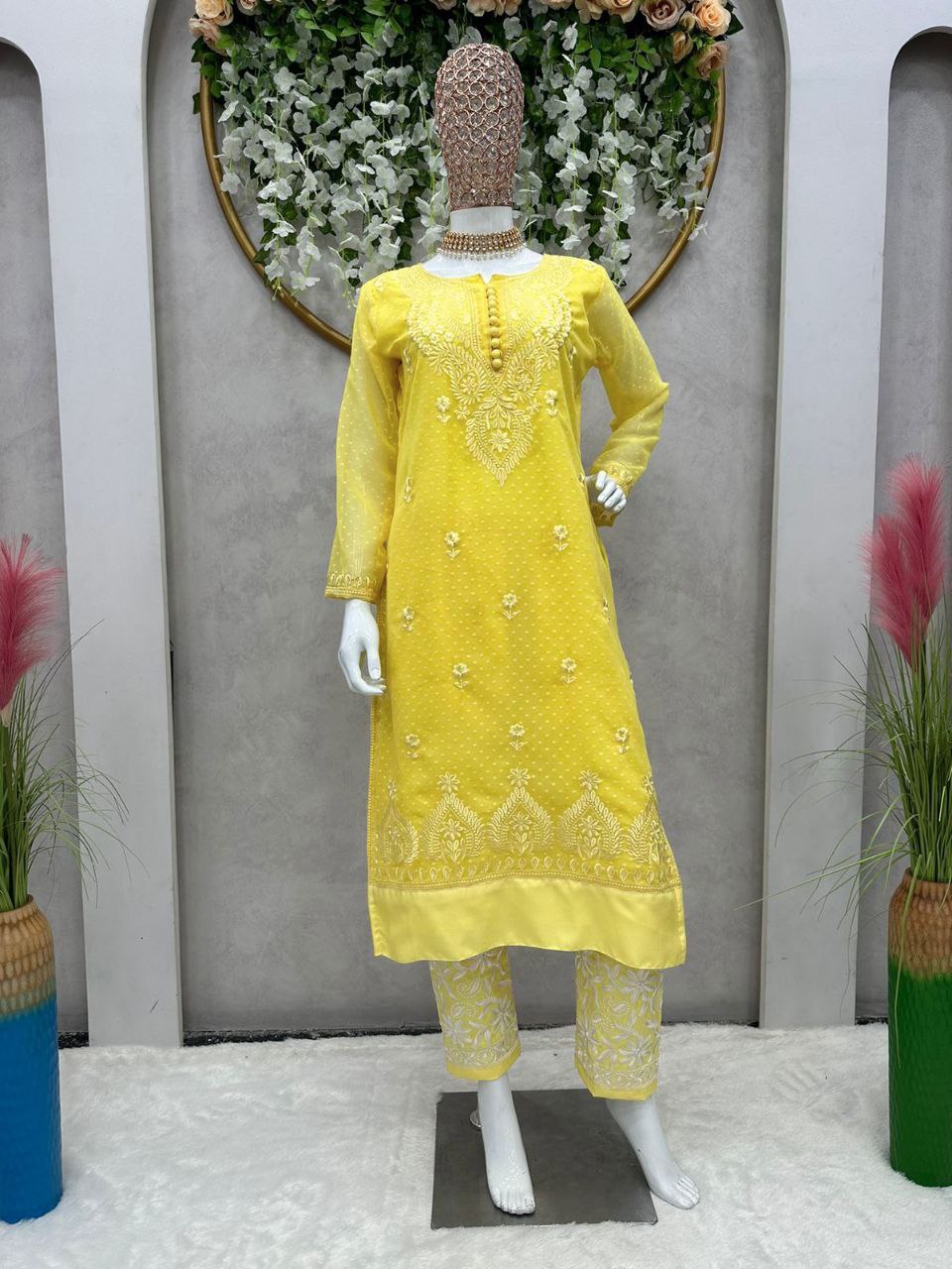 Beautiful Yellow Color Chikankari Kurti With Pent