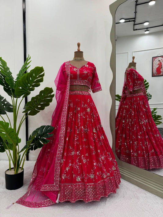 Wedding Wear Red Color Georgette Thread Sequence Work Lehenga Choli