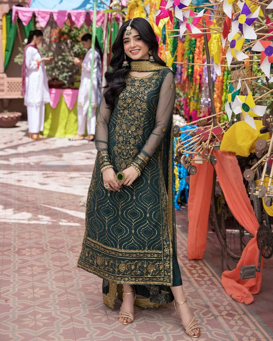 Green Color Ready Made Embroidered Sequence Work Georgette Salwar Suit