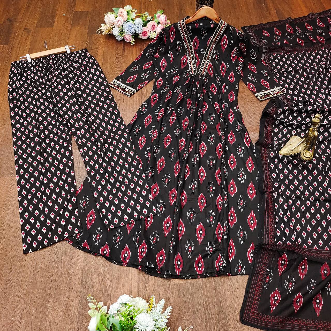 Black Color Cotton Embroidery Printed Work Salwar Suit For Women