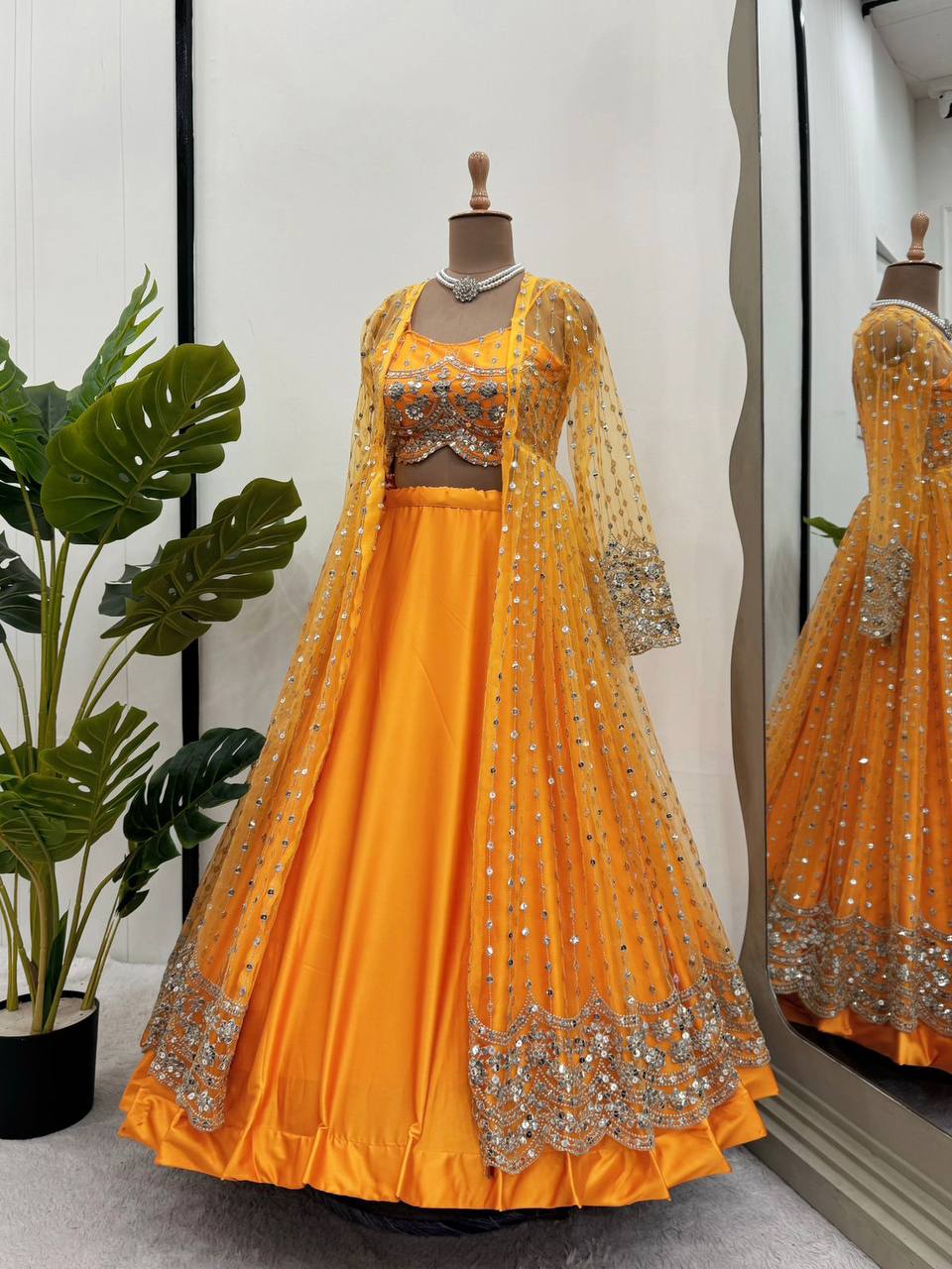 Amazing Yellow Color Sequence Work Japan Satin Lehenga Choli With Koti