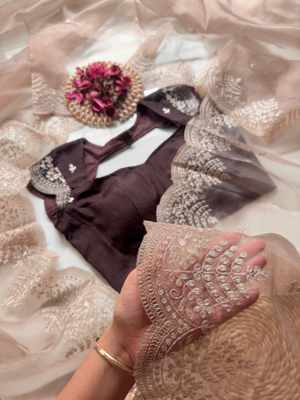 Beige color Organza Silk Saree with Blouse