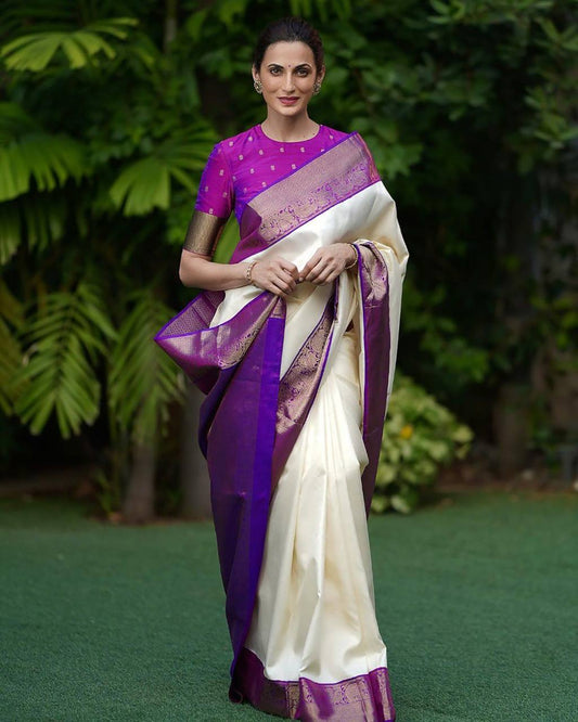Cream Color Banarasi Silk Saree Blouse