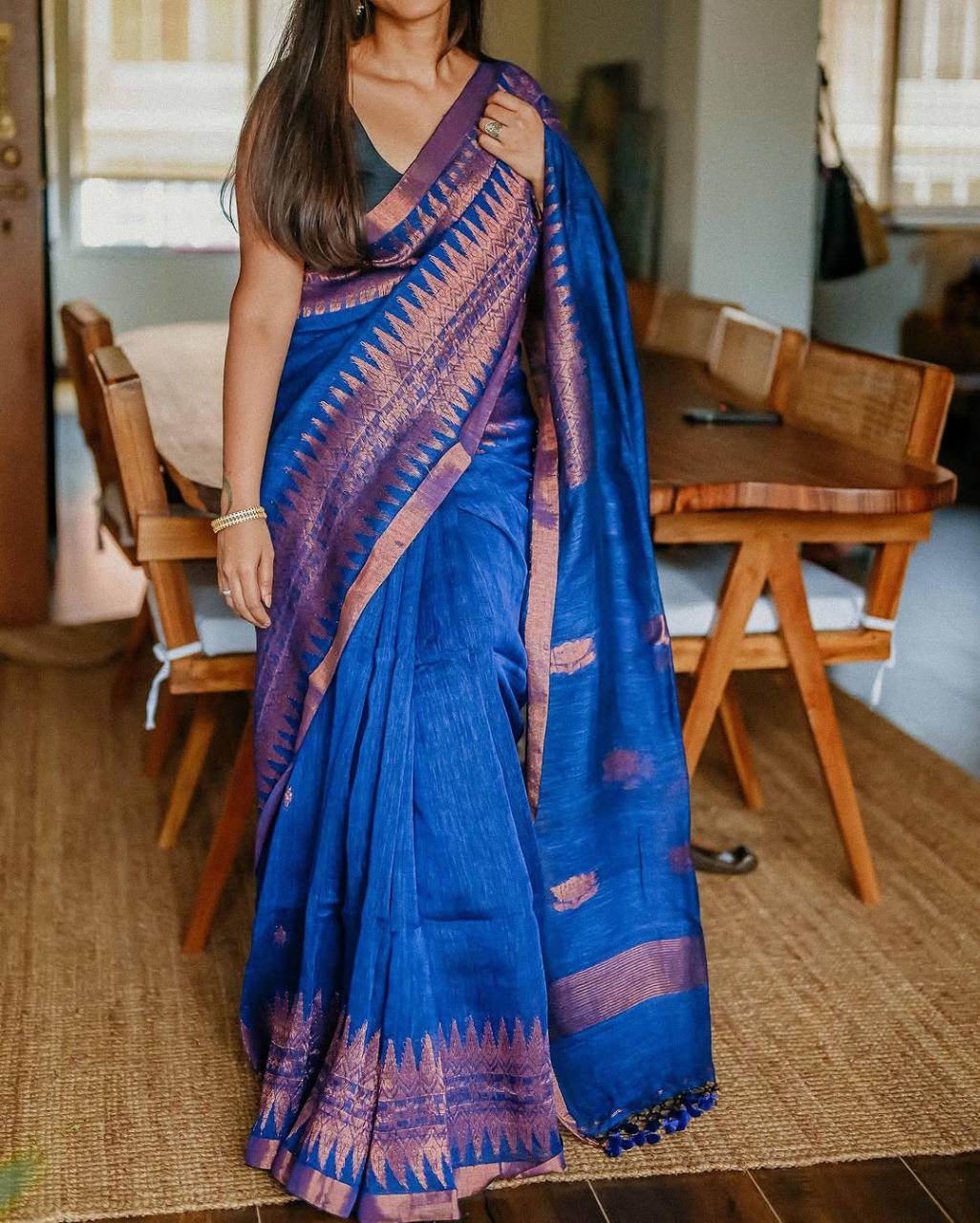 Blue Color Linen Cotton Weaving Saree