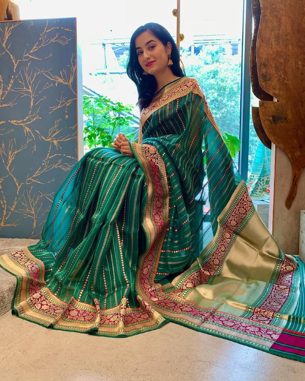 Sea Green Color Jacquard Lichi Silk Saree