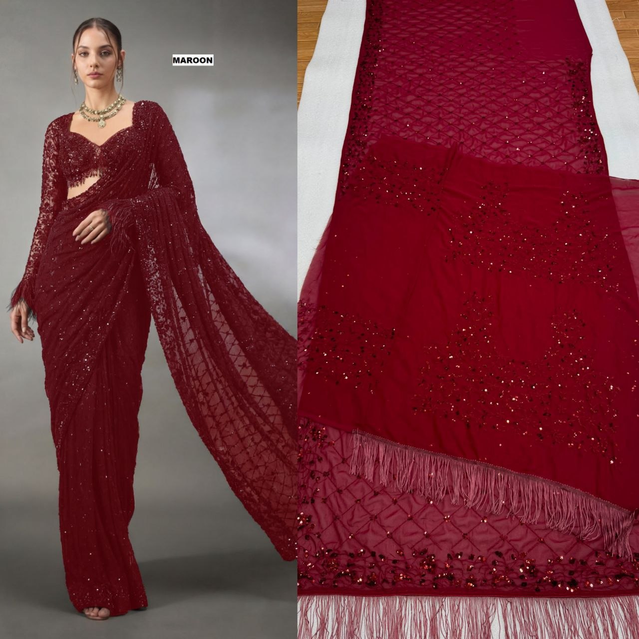 Heavy Georgette 5mm Sequins & Multi Embroidery Designer Saree with Zalar Border