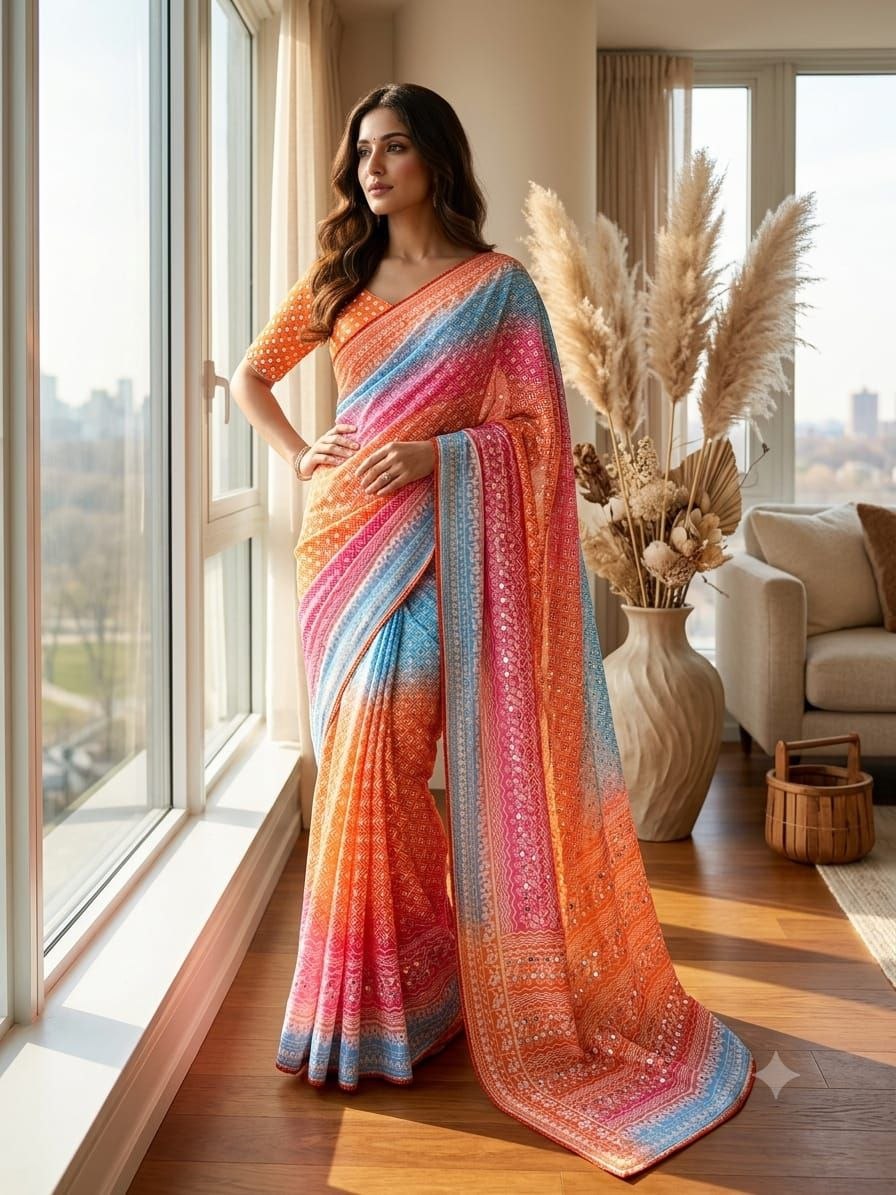 Soft Chinon Silk Designer Saree Mirror work and Hand Aari Work