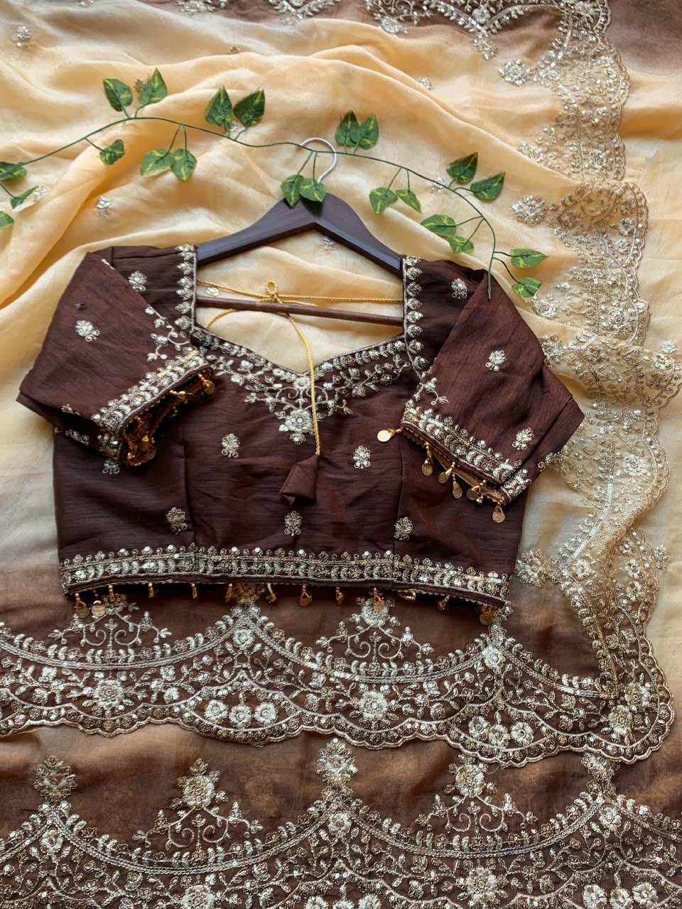 Rich Embroidery Moss Padding Silk Saree with Stitched Blouse