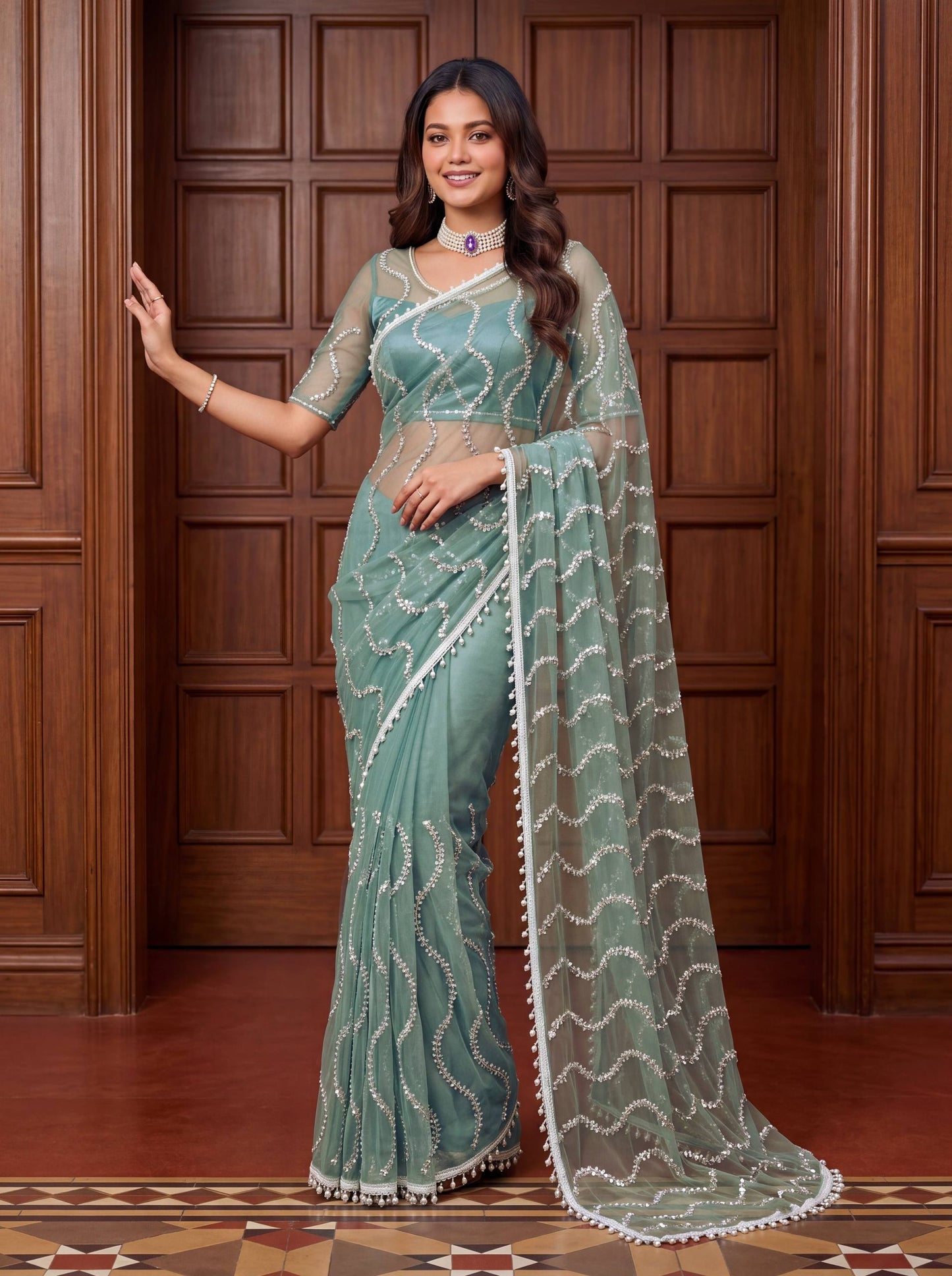 Designer Net Embroidered Saree with Beads Sequins & Pearl Work