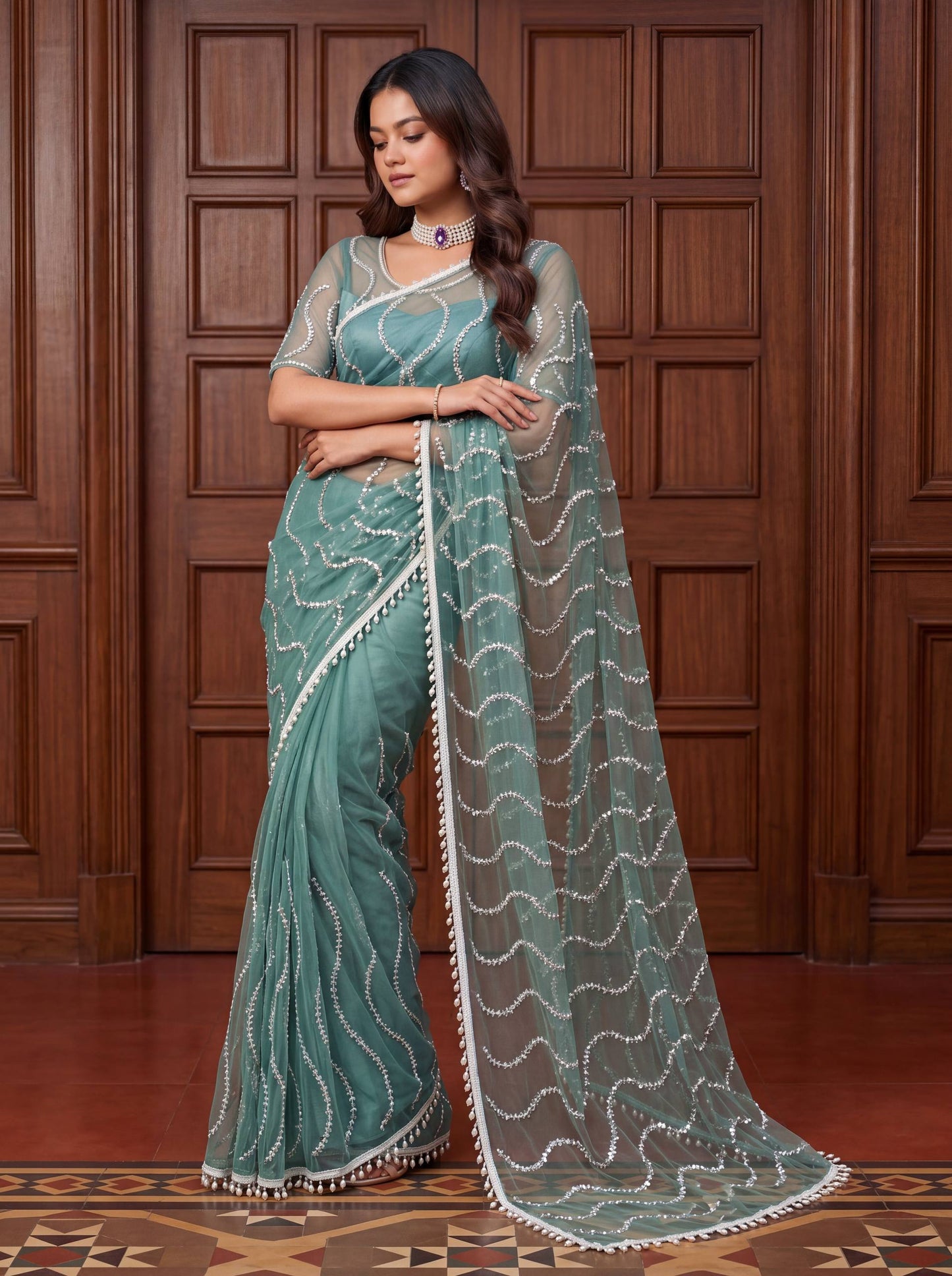Designer Net Embroidered Saree with Beads Sequins & Pearl Work