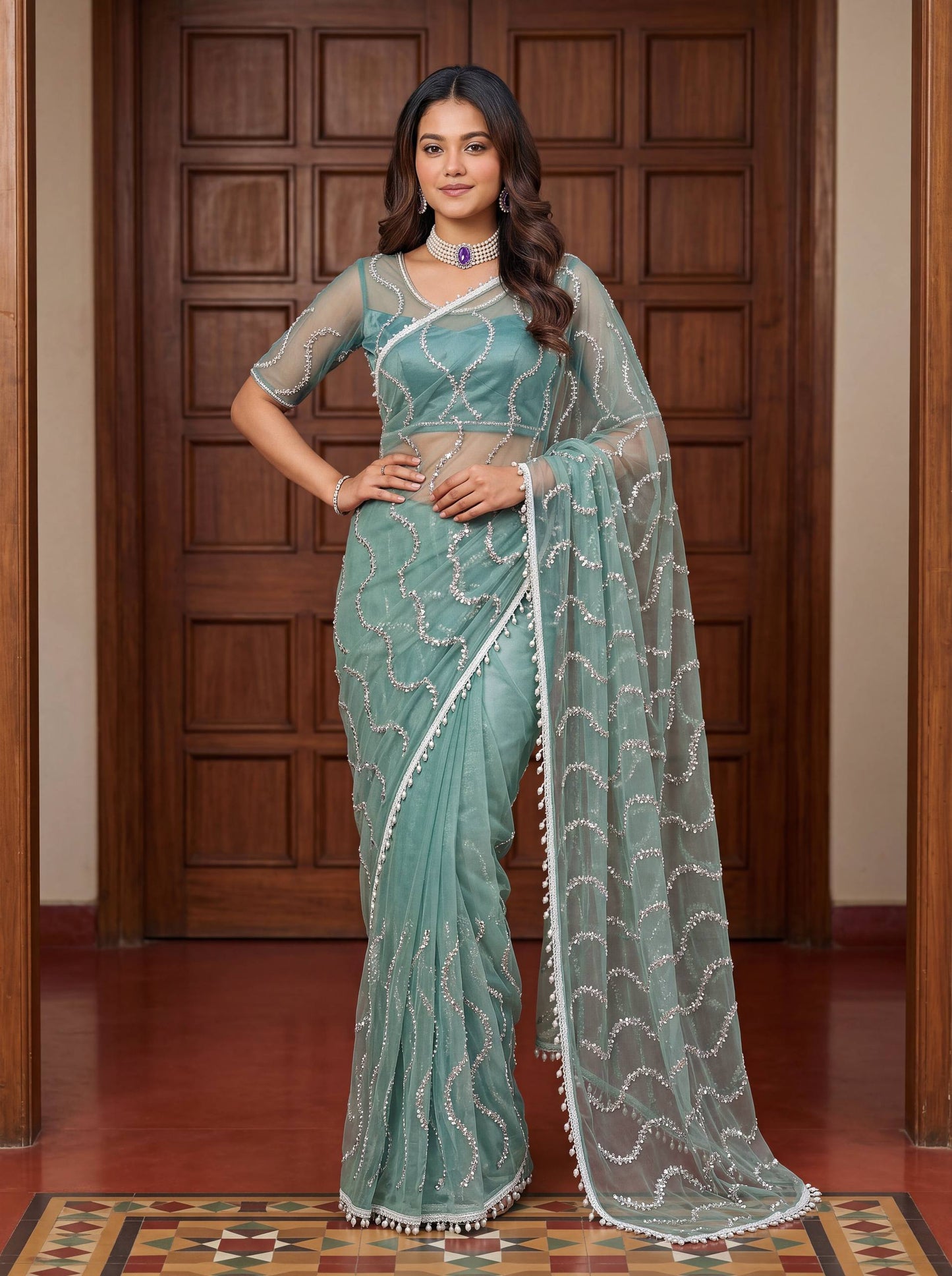 Designer Net Embroidered Saree with Beads Sequins & Pearl Work