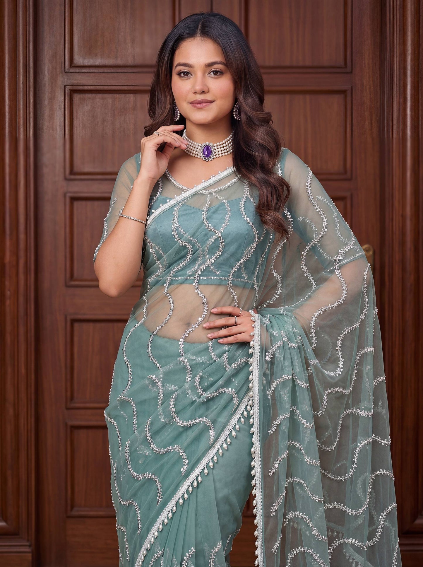 Designer Net Embroidered Saree with Beads Sequins & Pearl Work