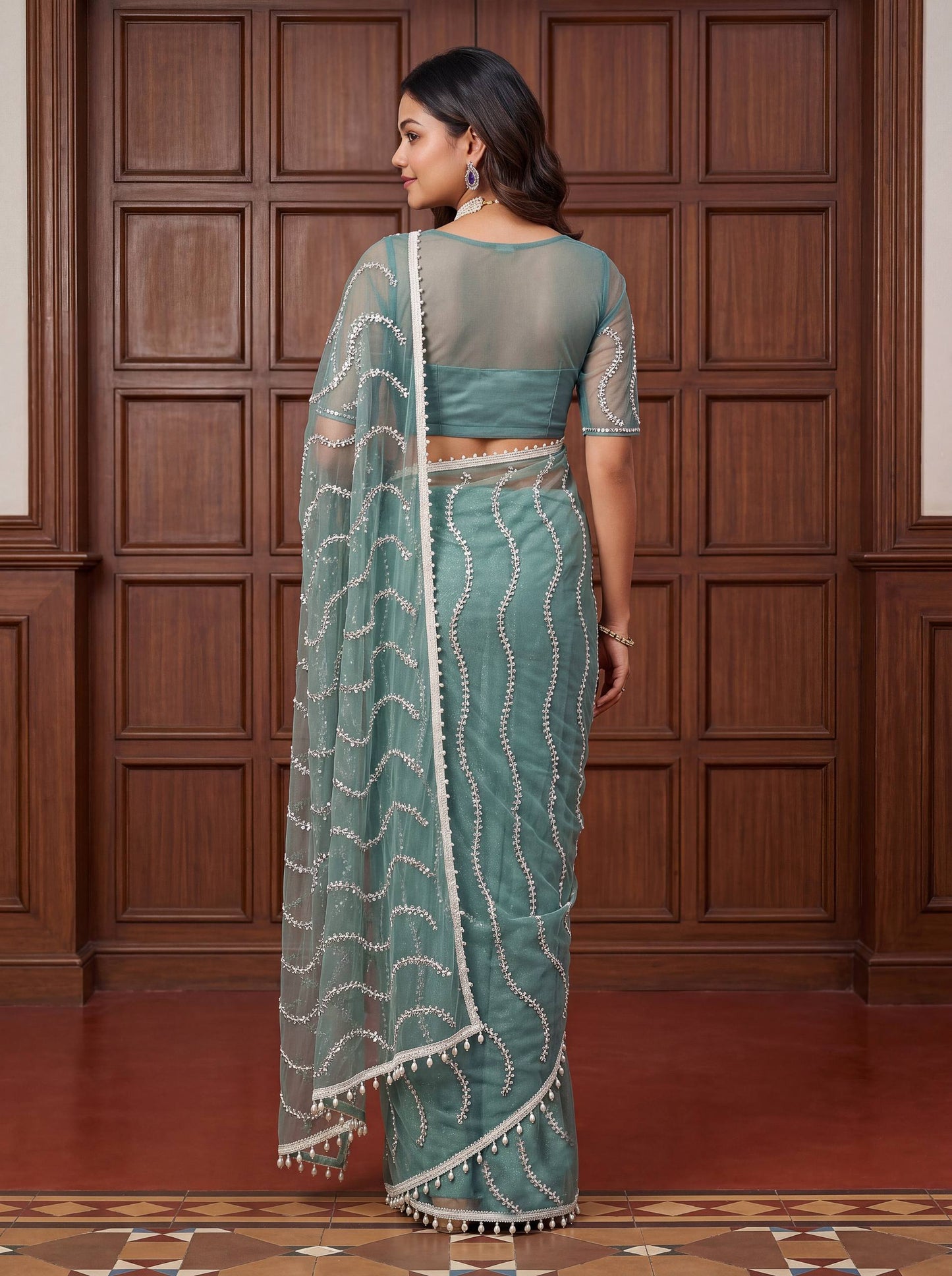 Designer Net Embroidered Saree with Beads Sequins & Pearl Work