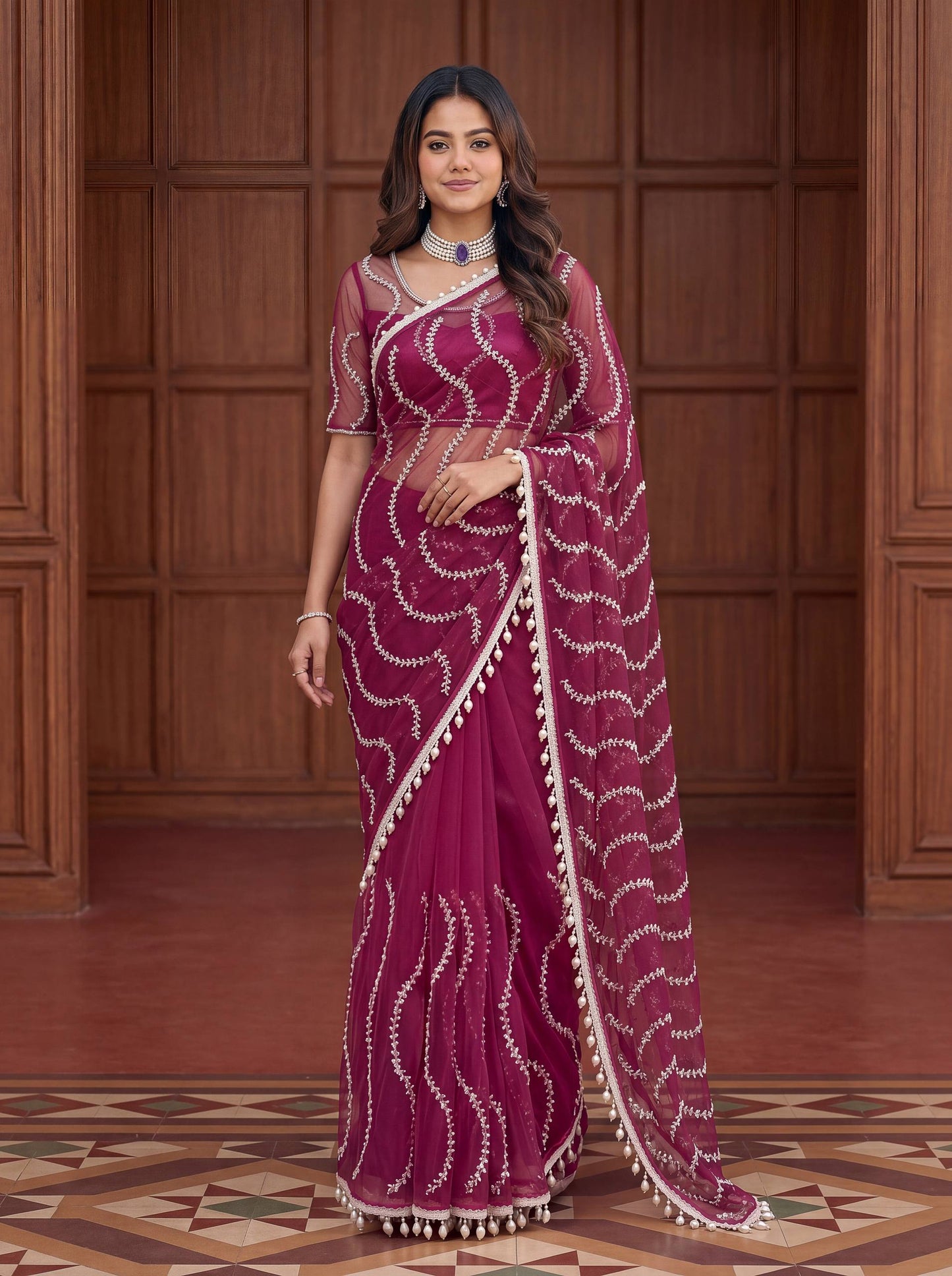 Designer Net Embroidered Saree with Beads Sequins & Pearl Work