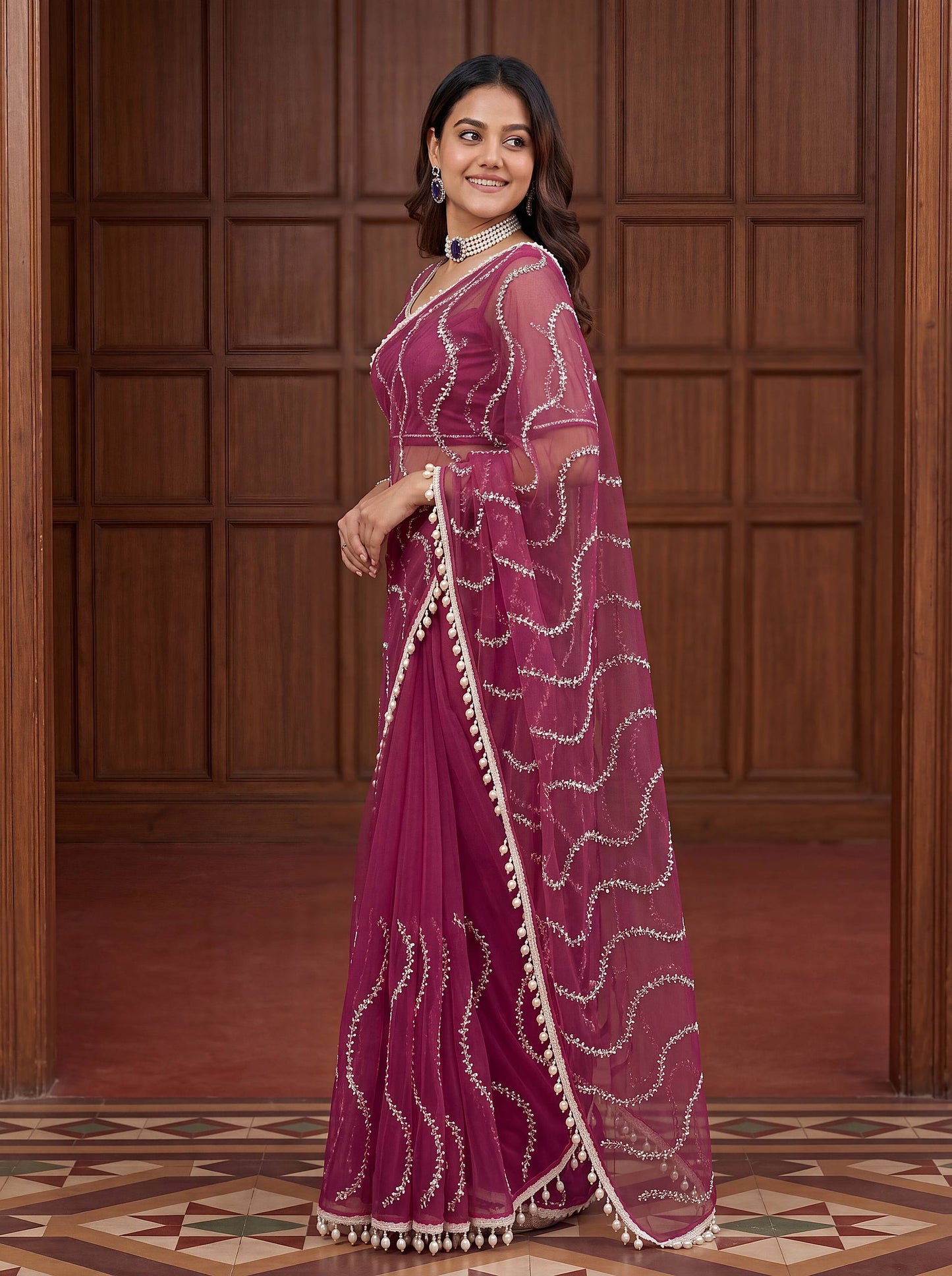 Designer Net Embroidered Saree with Beads Sequins & Pearl Work