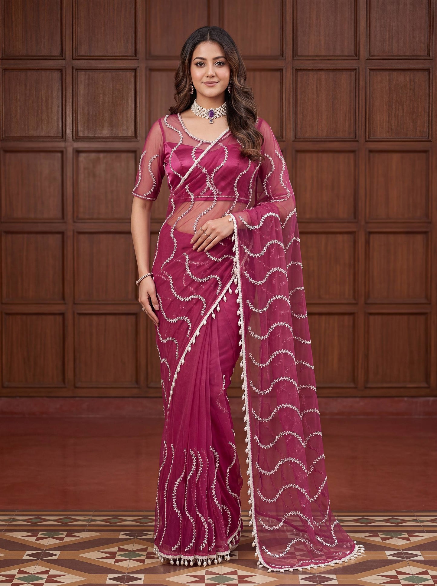 Designer Net Embroidered Saree with Beads Sequins & Pearl Work
