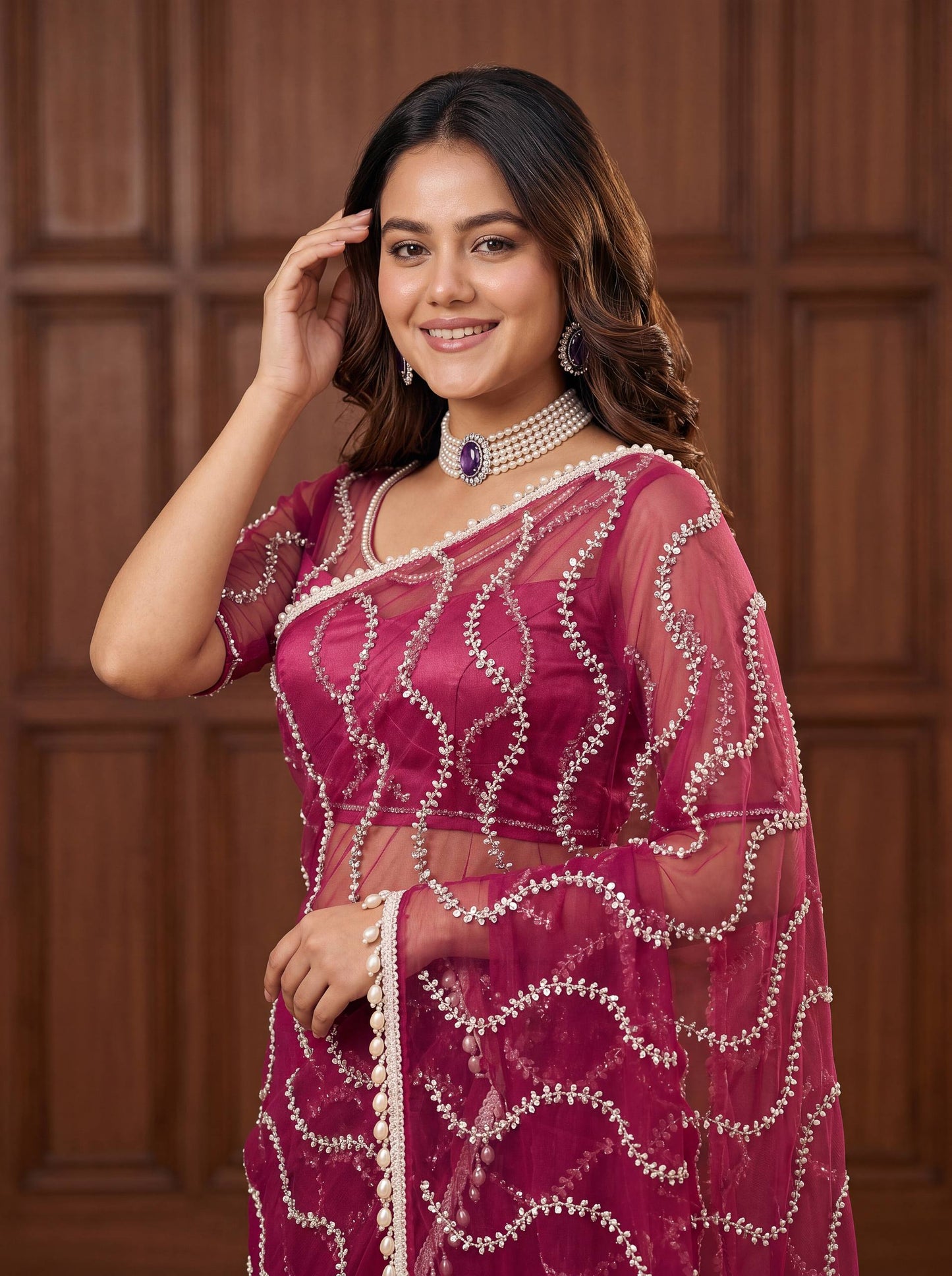 Designer Net Embroidered Saree with Beads Sequins & Pearl Work